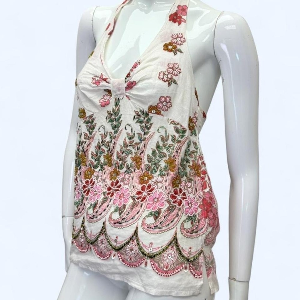 Hand Beaded Halter‎ Top Embroidered Paisley Fairy Boho Womens S Thailand
